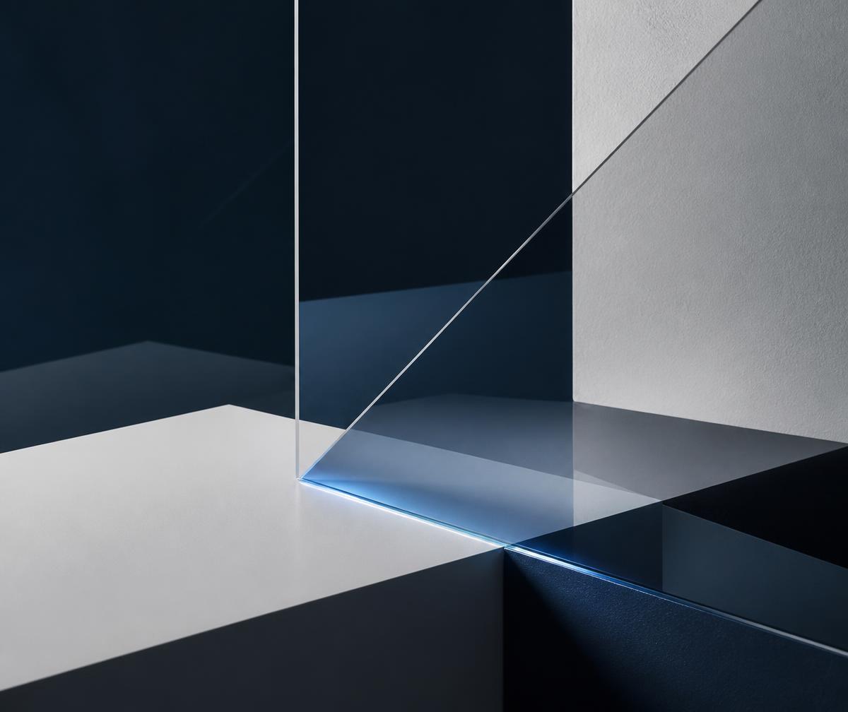 Editorial abstract still life of intersecting glass planes representing clarity and strategic thinking