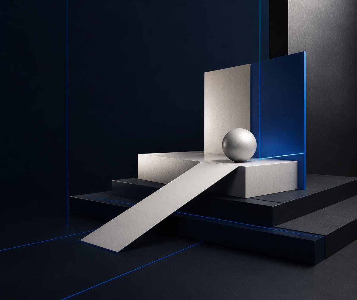 Editorial abstract composition of ascending forms representing strategy and progression